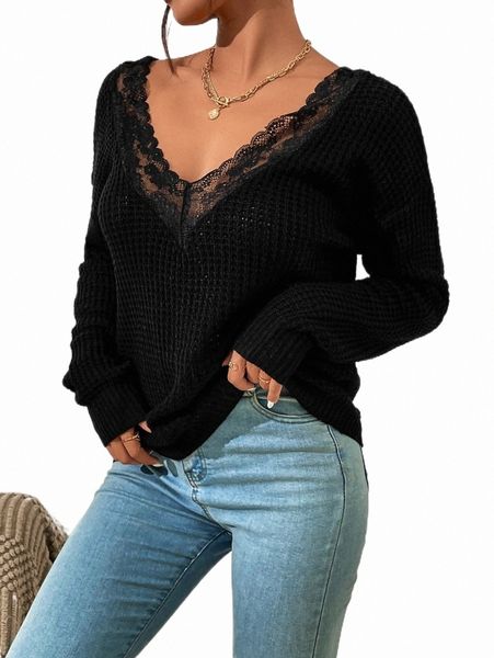 lace trim cut out back drop shoulder sweater m4b4#, White;black
lace trim cut out back drop shoulder sweater m4b4#, White;black