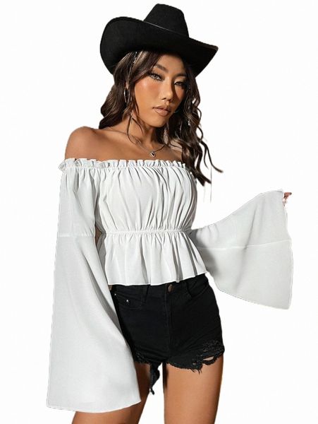 x made in america off shoulder frill trim bell sleeve peplum blouse i6hd#, White
x made in america off shoulder frill trim bell sleeve peplum blouse i6hd#, White