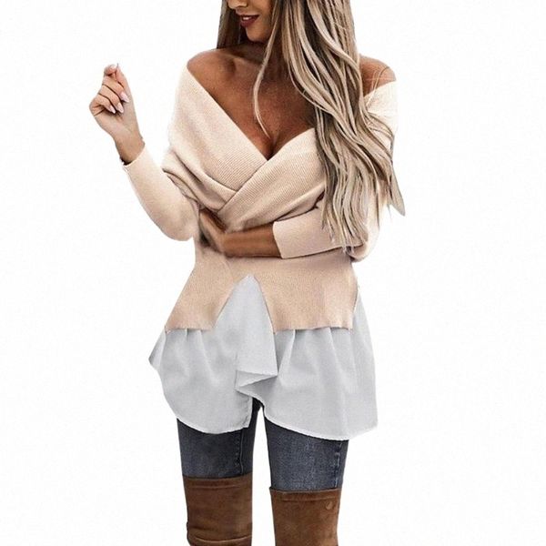 women deep v neck long sleeve patchwork irregular blouse backless knit pullover women's t-shirt 26wr#, White
women deep v neck long sleeve patchwork irregular blouse backless knit pullover women's t-shirt 26wr#, White