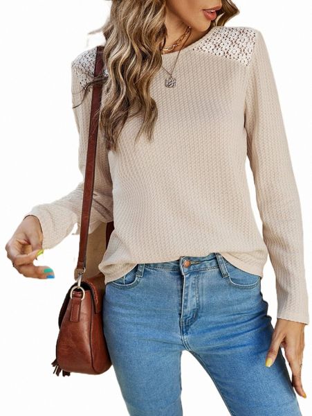 guipure lace insert waffle knit tee r8af#, White 
guipure lace insert waffle knit tee r8af#, White