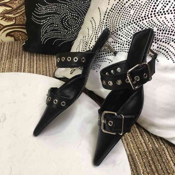 women's leather slippers motorcycle slippers summer shoes pointed toe high heels series, Black
women's leather slippers motorcycle slippers summer shoes pointed toe high heels series, Black