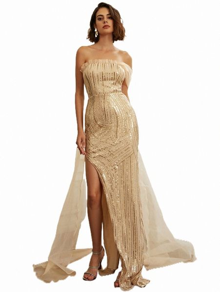 missord mesh panel split thigh sequin formal dress 54iv#, Black;gray
