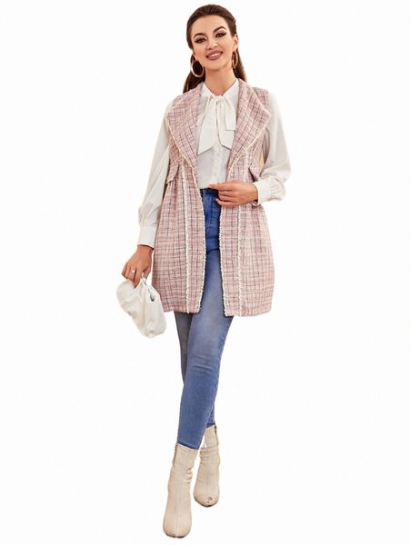 plaid tweed raw cut vest overcoat r56m#, Black 
plaid tweed raw cut vest overcoat r56m#, Black