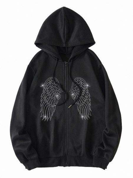 rhinestone wing zip up drawstring thermal lined hoodie y3ns#, Black