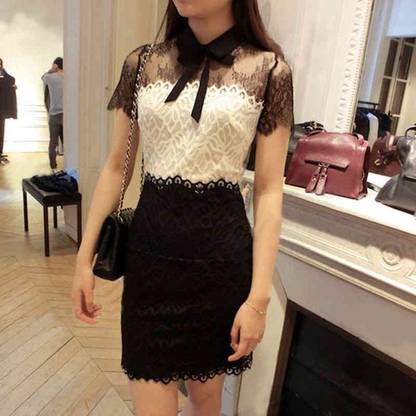 casual dresses spring and summer black white stitched hollow lace french elegant dress bow fresh sweet wind high waist lklm, Black;gray 
casual dresses spring and summer black white stitched hollow lace french elegant dress bow fresh sweet wind high waist lklm, Black;gray