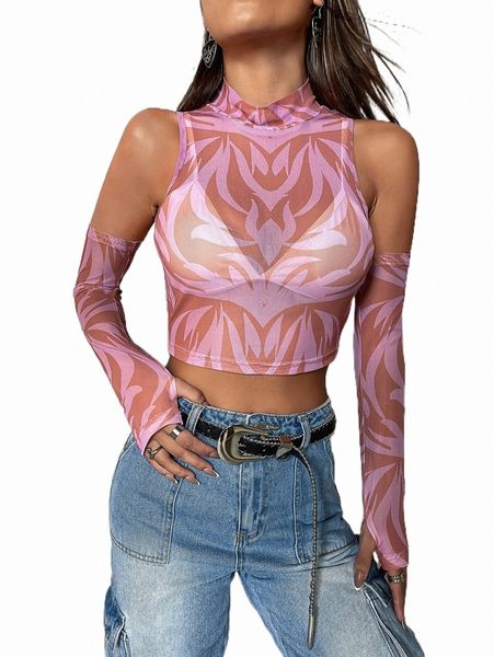 x made in america allover print mock neck mesh crop with arm sleeves without bra v6t9#, White
x made in america allover print mock neck mesh crop with arm sleeves without bra v6t9#, White