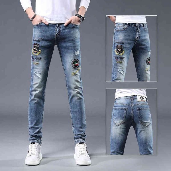men's jeans trendy men's high-end embroidered ripped jeans summer slim elastic leggings 9eca, Blue
men's jeans trendy men's high-end embroidered ripped jeans summer slim elastic leggings 9eca, Blue