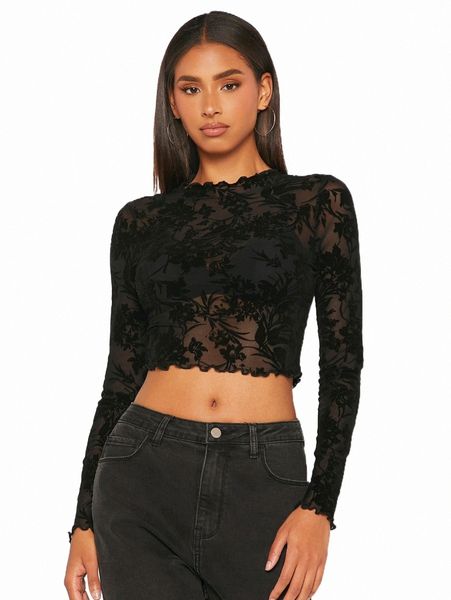 tall lettuce trim flocked mesh crop without bra i7h7#, White