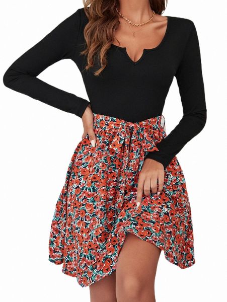 floral print belted dress j7ek#, Black;gray 
floral print belted dress j7ek#, Black;gray