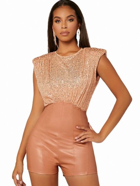 sequin bodice cutout back pu leather romper e6t6#, Black;white 
sequin bodice cutout back pu leather romper e6t6#, Black;white