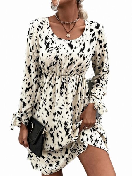 allover print knot cuff a-line dress p9ms#, Black;gray