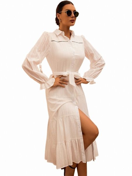 flounce sleeve ruffle hem belted shirt dress d8i1#, Black;gray