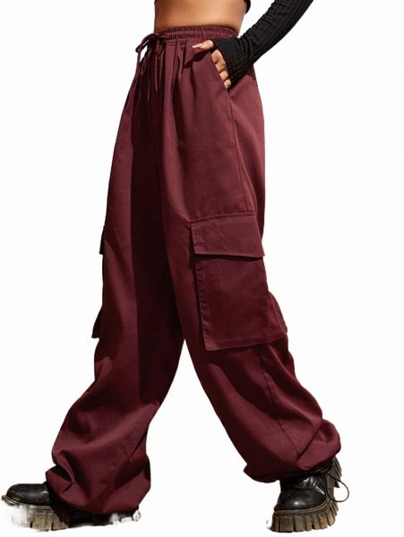 drawstring waist flap pocket pants w2la#, Black;white