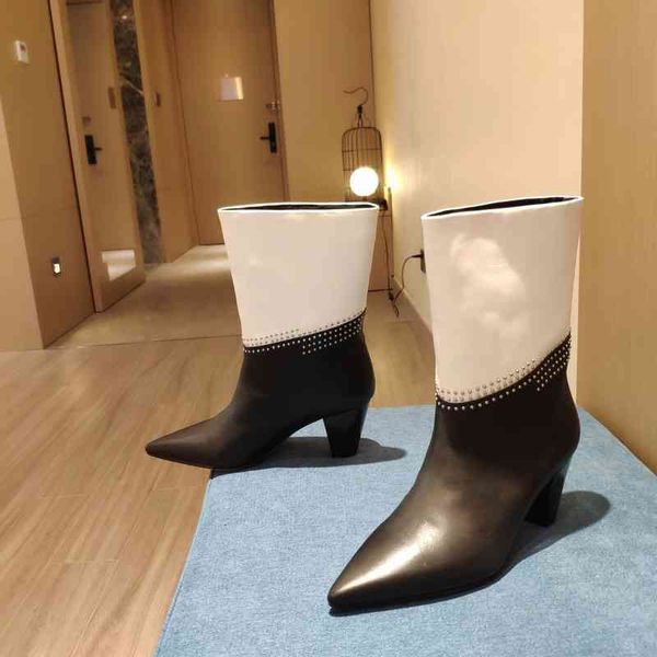 leather boots women's mid calf winter boots pointy stitched boots and high heels series, Black
