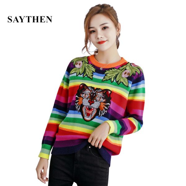 women rainbow striped runway floral embroidery tiger wool pullovers knitted sweaters letters pull femme, White;black
women rainbow striped runway floral embroidery tiger wool pullovers knitted sweaters letters pull femme, White;black
