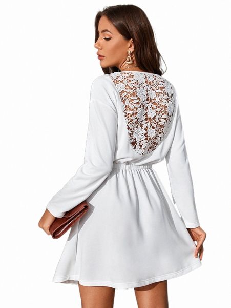 drop shoulder guipure lace insert dress without belt y7ox#, Black;gray 
drop shoulder guipure lace insert dress without belt y7ox#, Black;gray