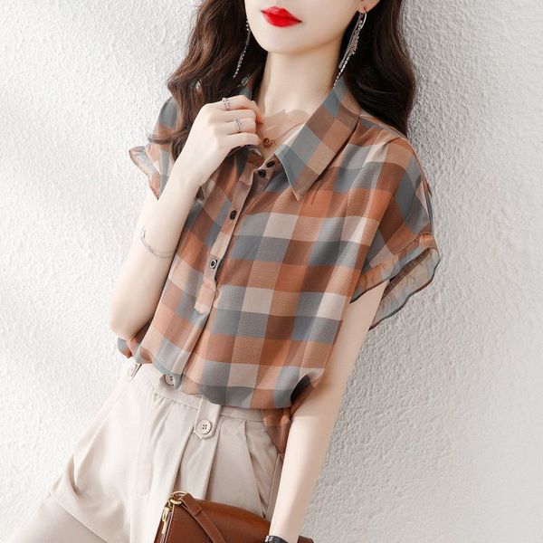22ss summer womens plaid printed chiffon shirt women short sleeve thin foreign style small shirt with loose temperament and classic size s-x, White
22ss summer womens plaid printed chiffon shirt women short sleeve thin foreign style small shirt with loose temperament and classic size s-x, White