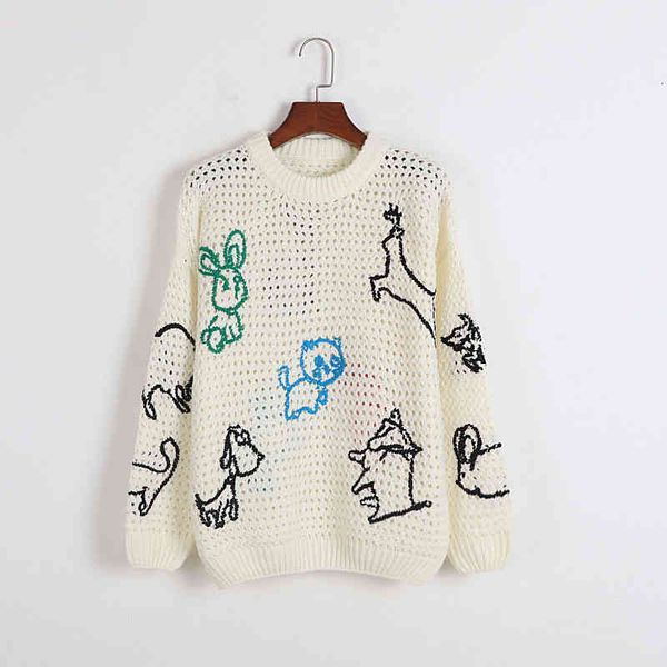 women's sweaters autumn winter lazy sweater female cartoon animal embroidery knitting hollow hooded round neck loose ip62, White;black 
women's sweaters autumn winter lazy sweater female cartoon animal embroidery knitting hollow hooded round neck loose ip62, White;black