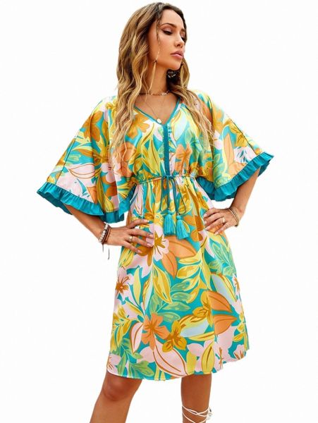 floral print flounce sleeve drawstring waist dress y2ba#, Black;gray