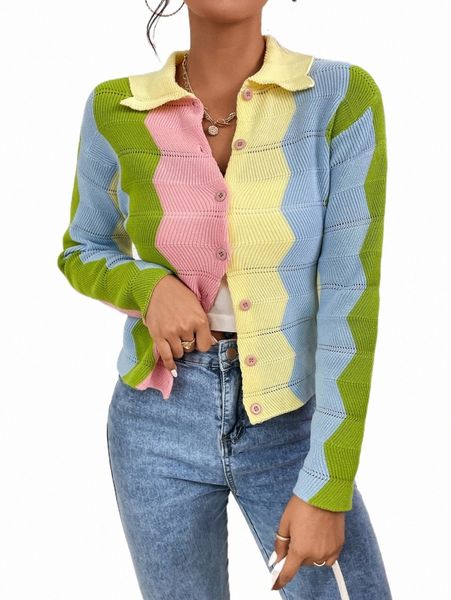 color block pointelle knit cardigan 73a8#, White;black
color block pointelle knit cardigan 73a8#, White;black