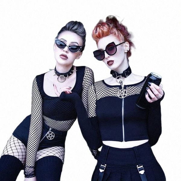 fishnet patchwork mesh gothic t-shirts black grunge zipper front long sleeve tees women crop streetwear fall women's t-shirt 35km#, White
fishnet patchwork mesh gothic t-shirts black grunge zipper front long sleeve tees women crop streetwear fall women's t-shirt 35km#, White
