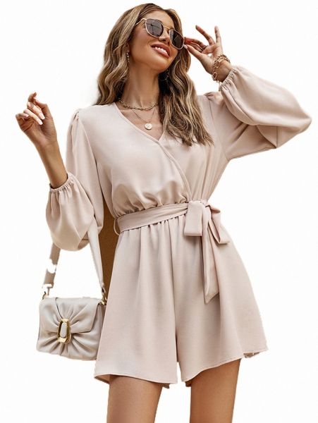 bishop sleeve overlap collar belted romper o23m#, Black;white