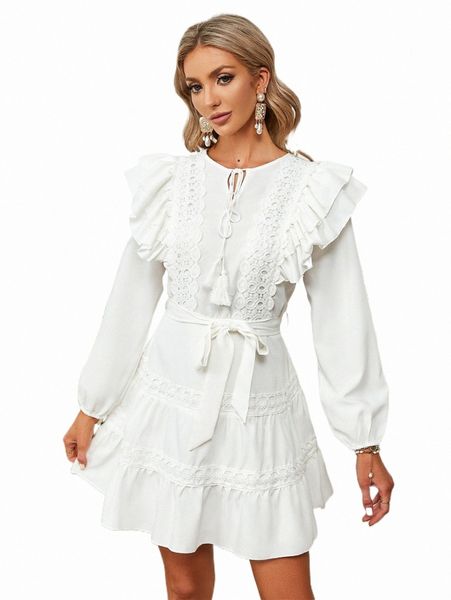 simplee guipure lace trim tassel tie neck ruffle hem belted dress q43u#, Black;gray
simplee guipure lace trim tassel tie neck ruffle hem belted dress q43u#, Black;gray