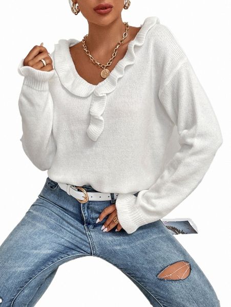 ruffle trim drop shoulder sweater b9ax#, White;black