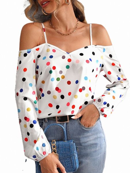 polka dot cold shoulder blouse 43bf#, White
polka dot cold shoulder blouse 43bf#, White