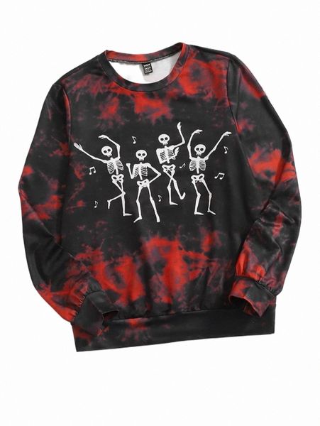 tie dye & skeleton print pullover m6v5#, Black