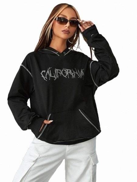 rhinestone letter pattern stitching drop shoulder hoodie v31t#, Black 
rhinestone letter pattern stitching drop shoulder hoodie v31t#, Black