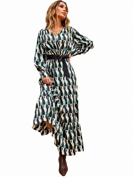 allover print ruffle hem belted dress 33rb#, Black;gray 
allover print ruffle hem belted dress 33rb#, Black;gray