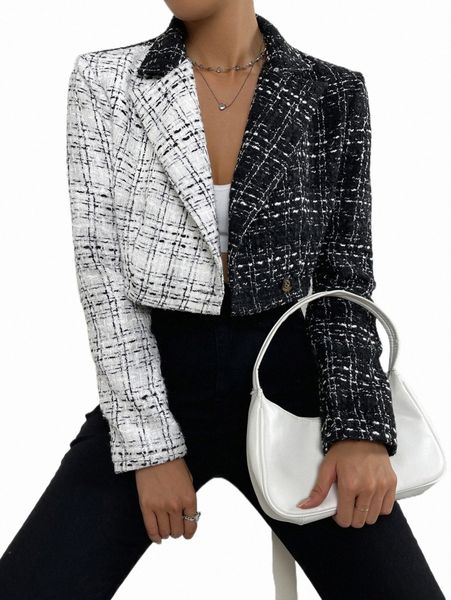 plaid pattern colorblock lapel neck tweed overcoat e7n4#, Black
plaid pattern colorblock lapel neck tweed overcoat e7n4#, Black