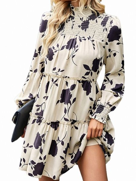 floral print frill neck shirred cuff ruffle hem dress without belt z6oq#, Black;gray
floral print frill neck shirred cuff ruffle hem dress without belt z6oq#, Black;gray