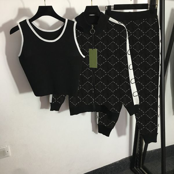 female sport three piece pants fashion letters jacquard vest coats trousers creative soft touch tracksuit sets, White
female sport three piece pants fashion letters jacquard vest coats trousers creative soft touch tracksuit sets, White