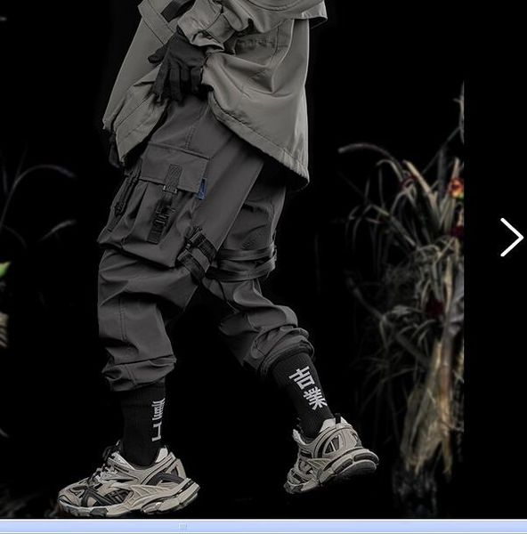 men's pants functional style webbing buckle tactical leggings men's loose casual large pocket overalls, Black
men's pants functional style webbing buckle tactical leggings men's loose casual large pocket overalls, Black