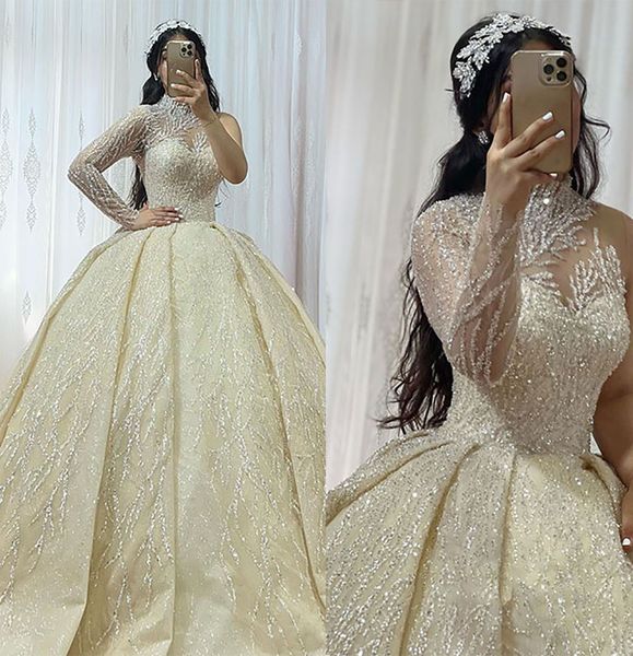 luxurious ball gown sequins wedding dress high neck one shoulder sweep train custom made bridal robes vestido de novia, White
luxurious ball gown sequins wedding dress high neck one shoulder sweep train custom made bridal robes vestido de novia, White