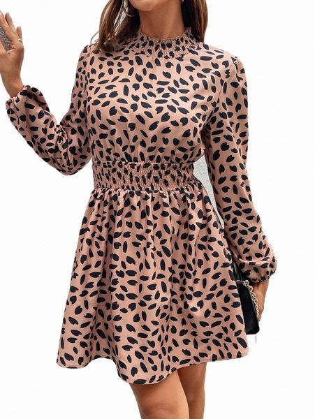 allover print mock neck lantern sleeve dress d4ka#, Black;gray