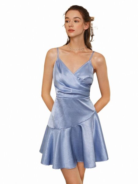 mod surplice neck ruched ruffle hem satin cami dress 30xp#, Black;gray