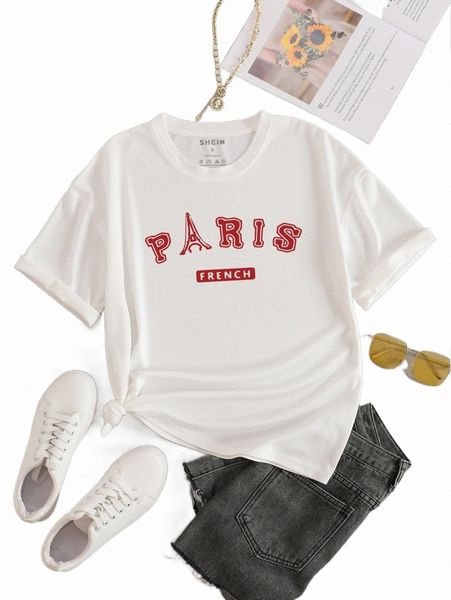 eiffel tower and letter graphic tee q2ps#, White