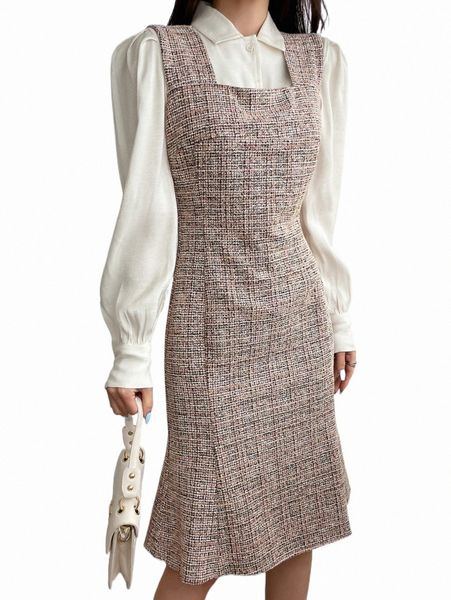 dazy plaid tweed overall dress without blouse 469b#, Black;gray
