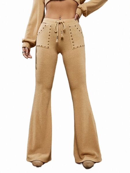 drawstring waist studded detail slant pocket flare leg pants 67nd#, Black;white
drawstring waist studded detail slant pocket flare leg pants 67nd#, Black;white