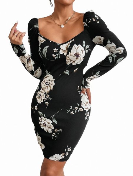 floral print sweetheart neck bodycon dress j5bn#, Black;gray