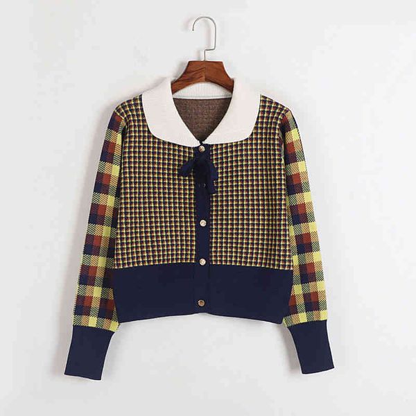 women's sweaters baby collar cardigan autumn winter women's plaid color matching single breasted bow short slim knit noup, White;black
women's sweaters baby collar cardigan autumn winter women's plaid color matching single breasted bow short slim knit noup, White;black