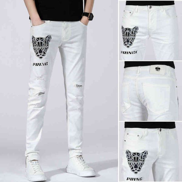 men's jeans spring and summer white patched jeans with holes men's embroidered slim fit feet korean fashion personalized printed p, Blue
men's jeans spring and summer white patched jeans with holes men's embroidered slim fit feet korean fashion personalized printed p, Blue