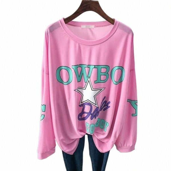 summer women's long sleeve thin transparent graphic tees crewneck loose oversize t shirt plus size t-shirt f1ty#, White