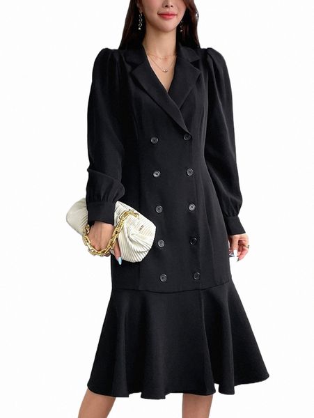 dazy puff sleeve double breasted ruffle hem dress u3vx#, Black;gray
