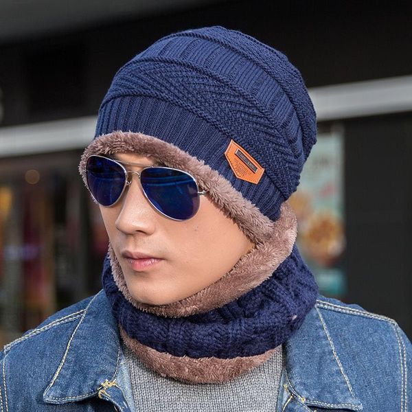 m461 autumn winter men's knitted caps wool hats thick pullovers neck warmer with hat 2pcs/set, Blue;gray