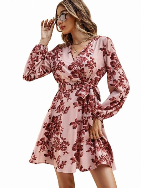 floral print lantern sleeve belted dress j9uv#, Black;gray
