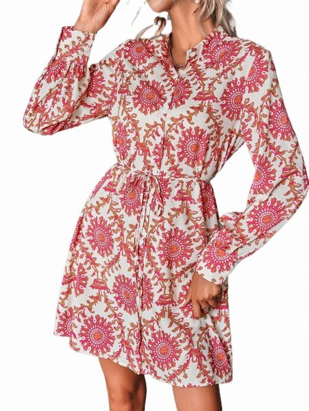 allover print belted shirt dress b17s#, Black;gray